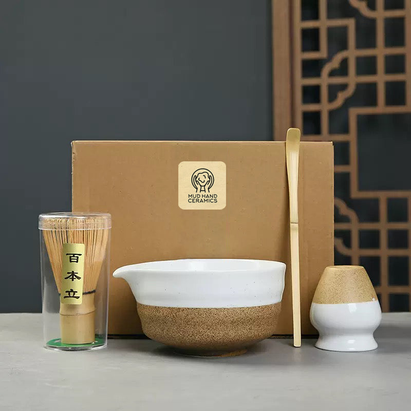 White&Green Pottery Matcha Bowl Set with Spout,Bamboo Whisk Mudhandceramic