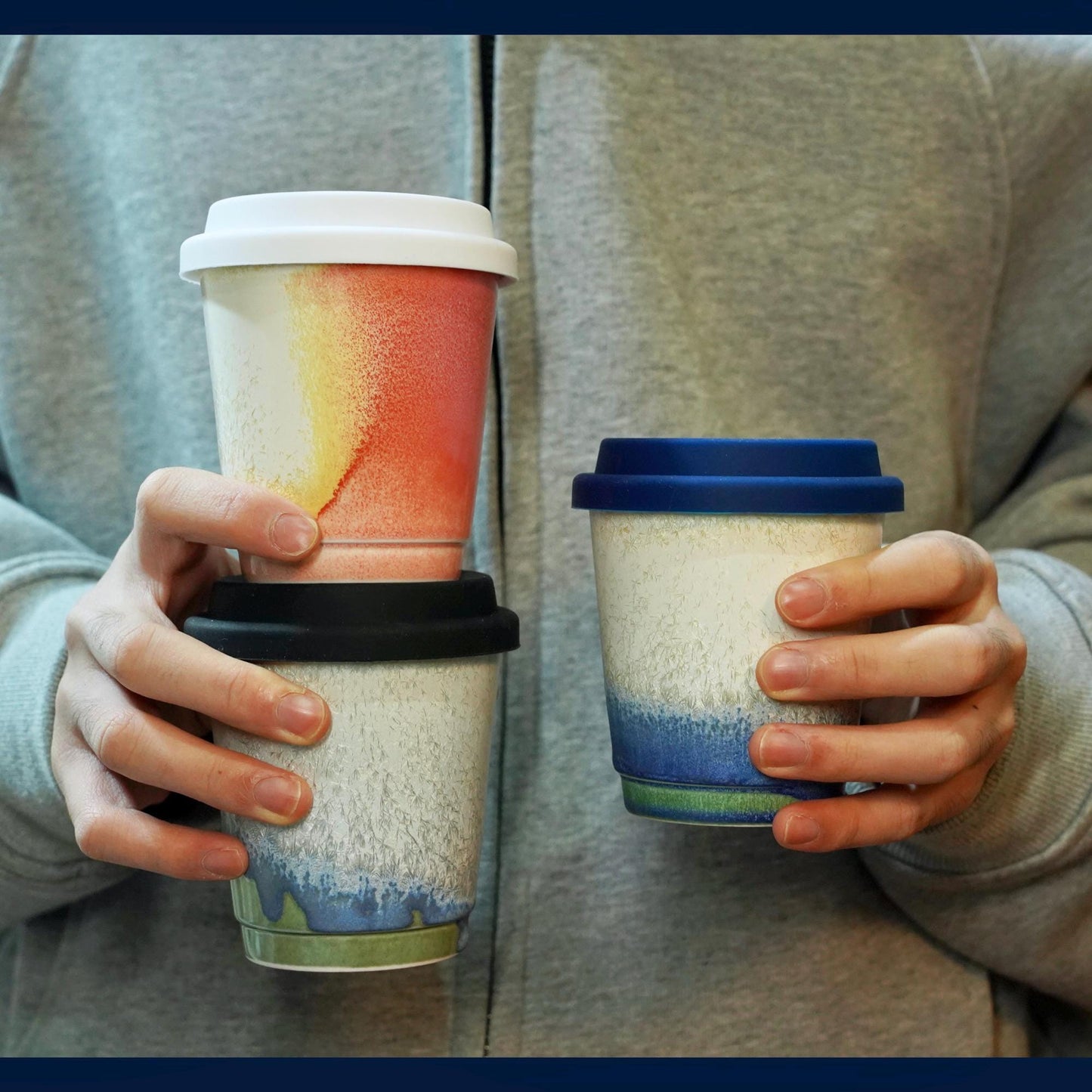handhold-Vibrant Hand-Glazed ceramic coffee mug - Blue, green,red Food-Safe Ceramic Ceramic Travel Cup
