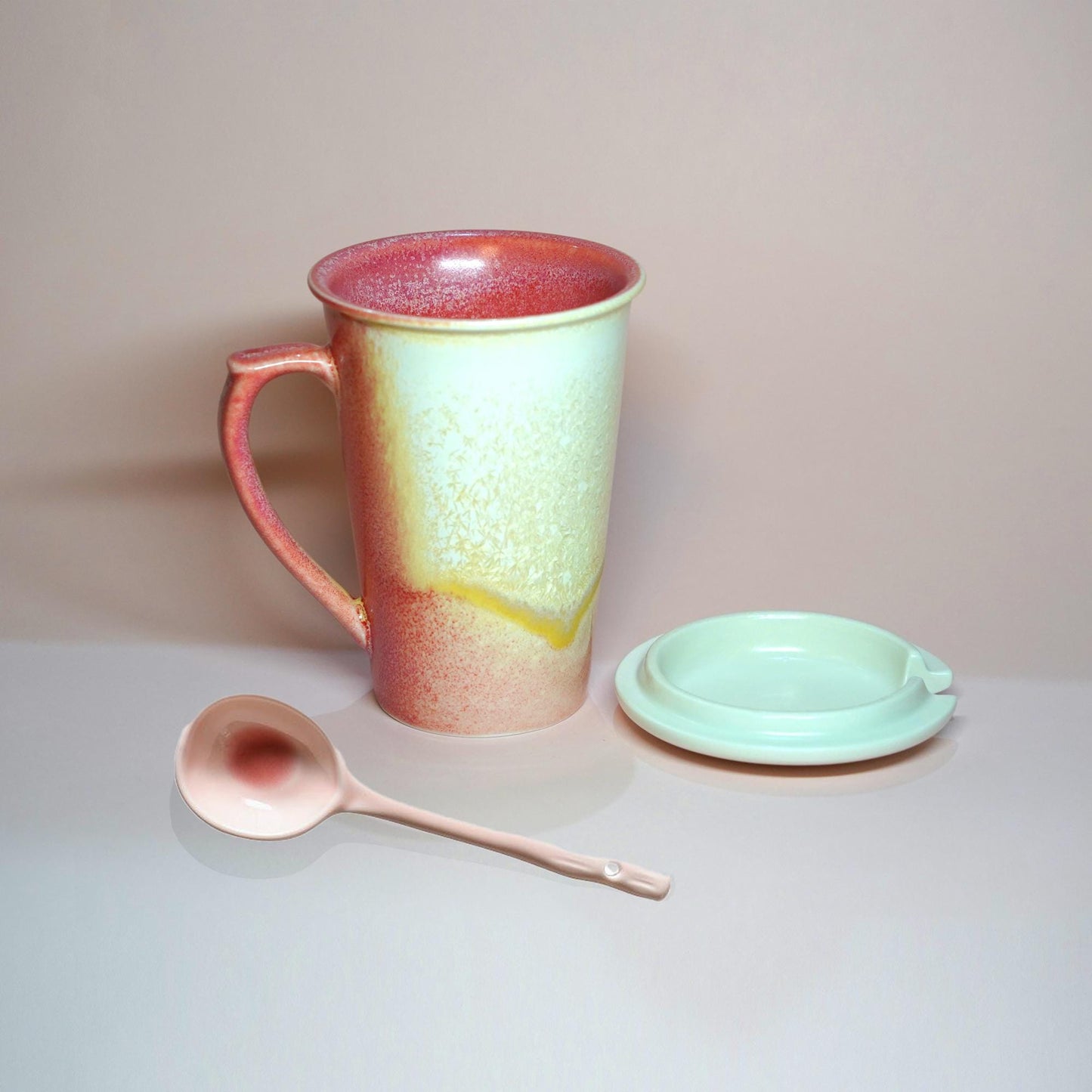 Handmade Red Ceramic Tall Mug, Ceramic Coffee mug with With lid and Spoon, clay coffee mug,pottery Coffee Mug ,tea mug,Red glaze pottery mug