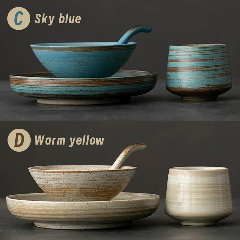 Dish Set of Four Dinnerware,Minimalist dish set,Ceramic Ramen Bowl,Plate,Cup, Single dish set, ceramic pottery,dinner set,handmade tableware