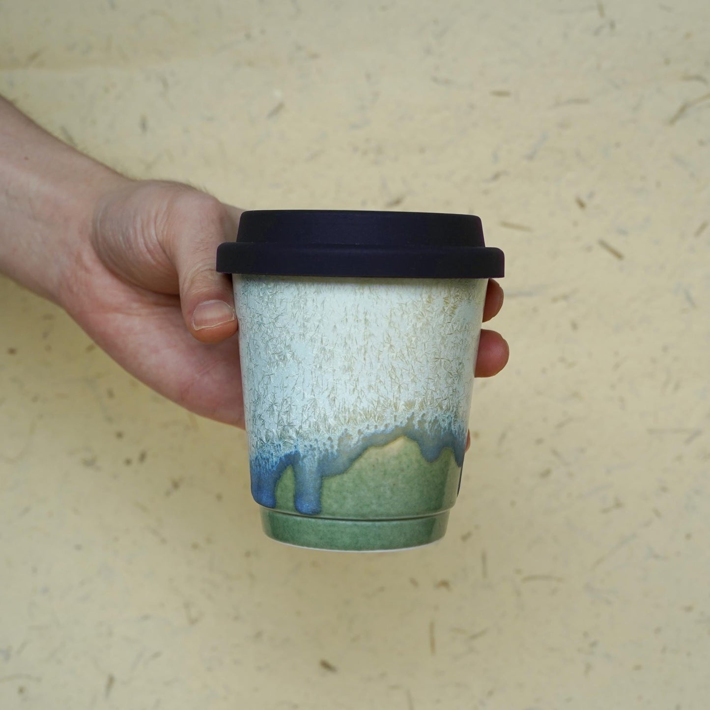 Green ceramic travel mug with black silicone lid - Leed-free food safe reusable to-go cup for coffee