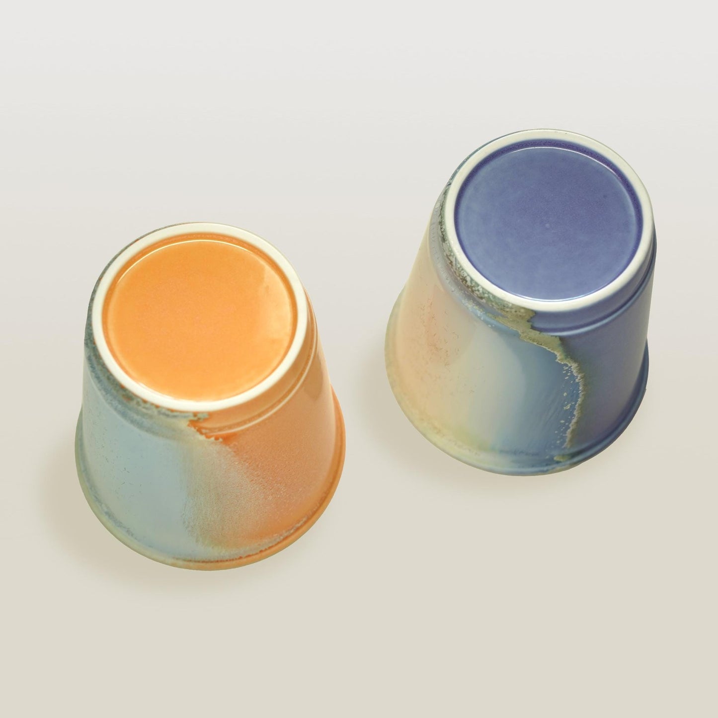bottom purple orange comparison reusable to-go mug with white lid - smoothies. Ergonomic grip, eco-friendly stoneware.Potery travel mug,Ceramic Travel Mug With Silicone Lid,Orange Reusable Pottery To Go Mug,take away mug,Artwork gift for her,take away cup