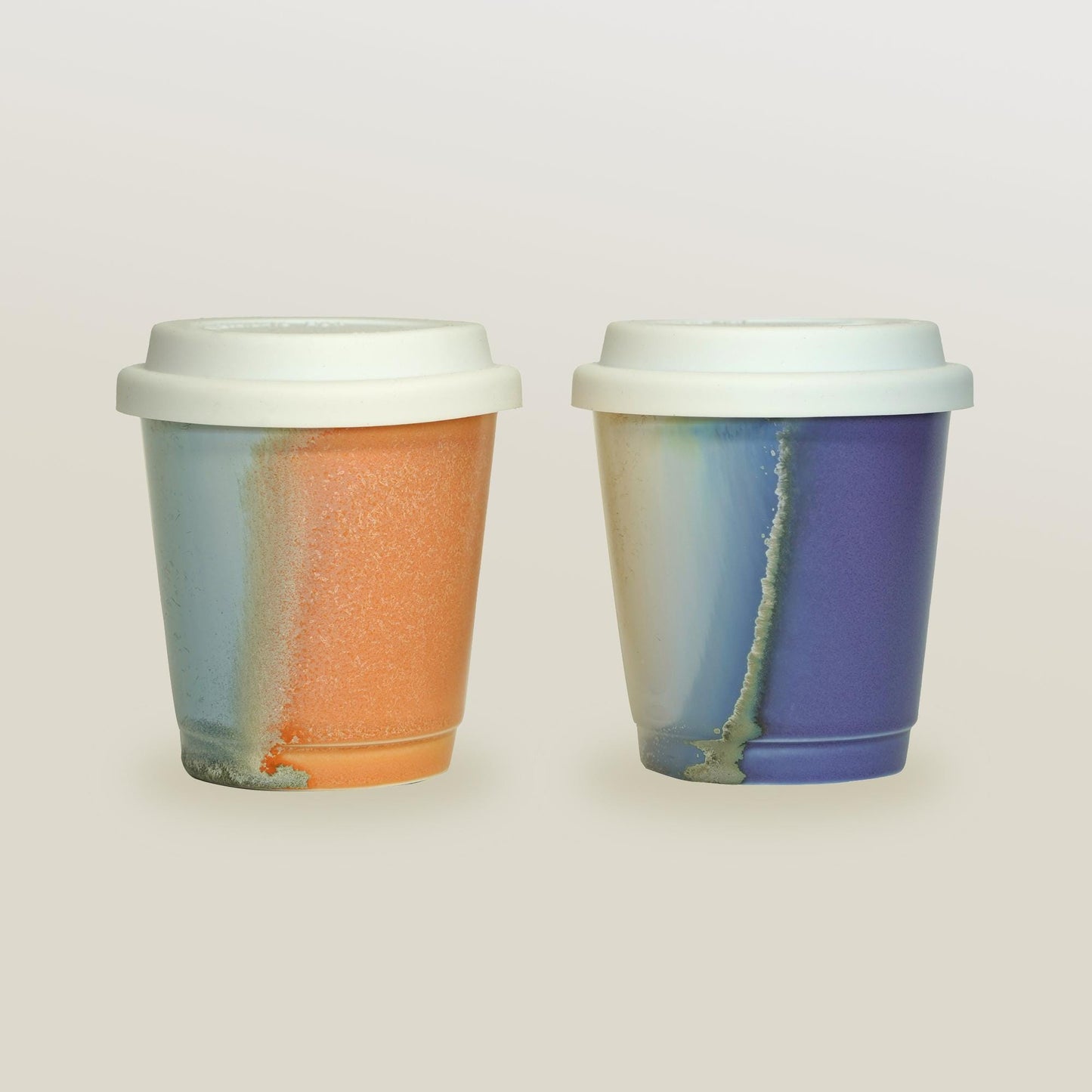 purple orange comparison reusable to-go mug with white lid - Extra size for smoothies. Ergonomic grip, eco-friendly stoneware