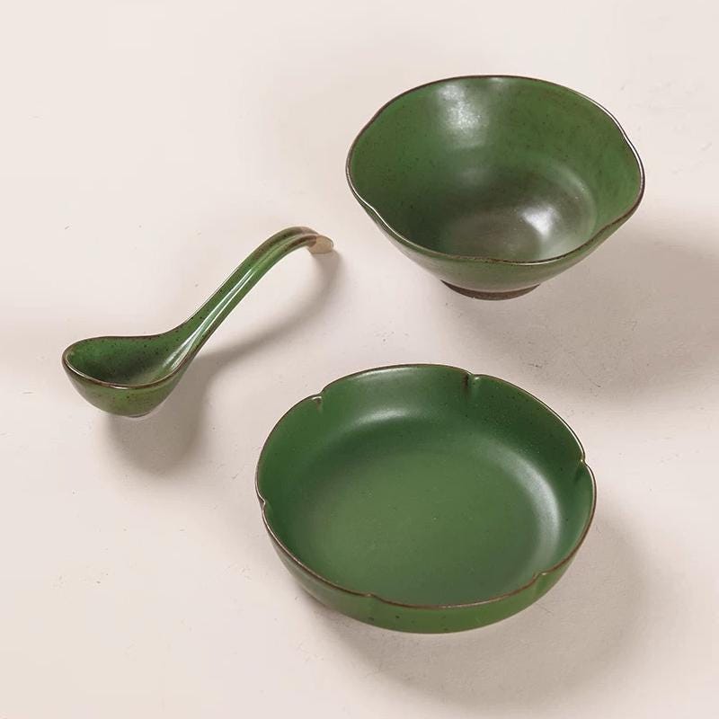 Set of 3 tableware set,Ceramic dinnerware set,asian serving dish set,Ramen Bowl,ceramic Spoon,Organic Edge Dinner dish set,Tableware setting