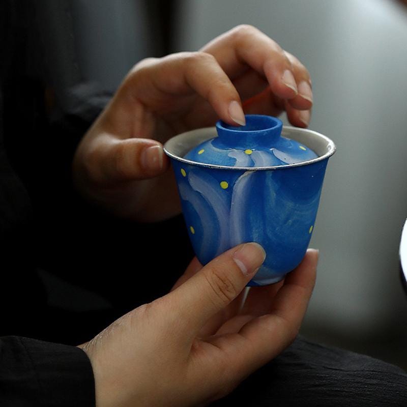 Van Gogh Hand-painted teawares,pottery Gaiwan,Ceramics Gaiwan Teacup,Ceramic Tea Cup with Lid for kongfu Tea,Tea Drinker Gifts,Blue teawares