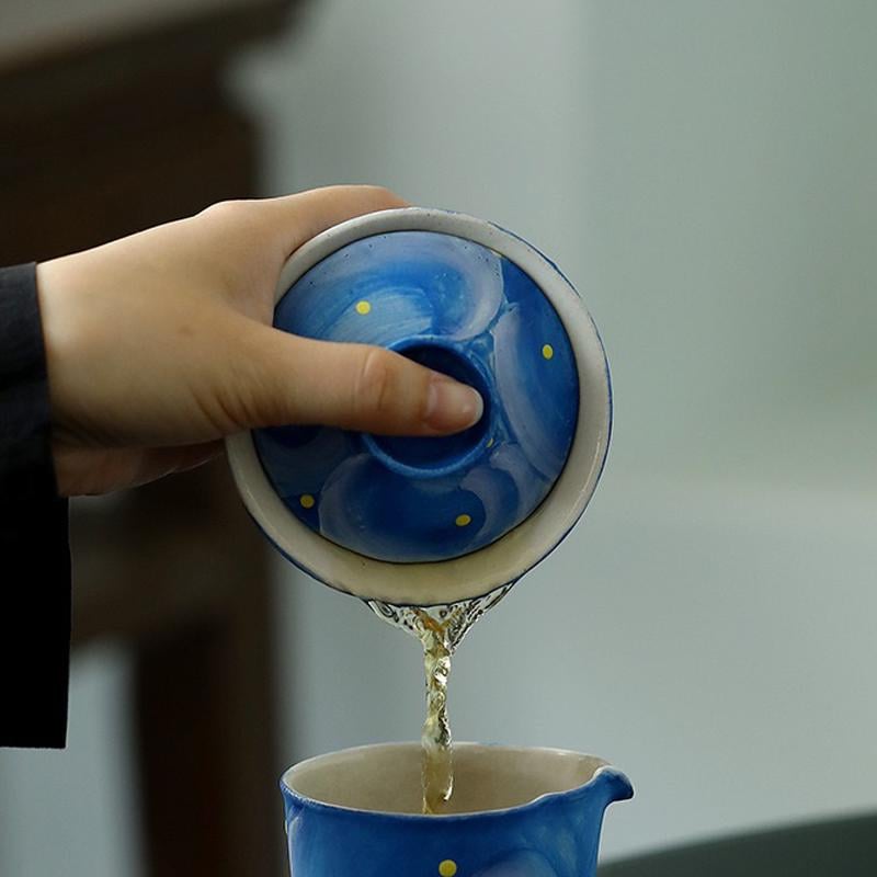 Van Gogh Hand-painted teawares,pottery Gaiwan,Ceramics Gaiwan Teacup,Ceramic Tea Cup with Lid for kongfu Tea,Tea Drinker Gifts,Blue teawares