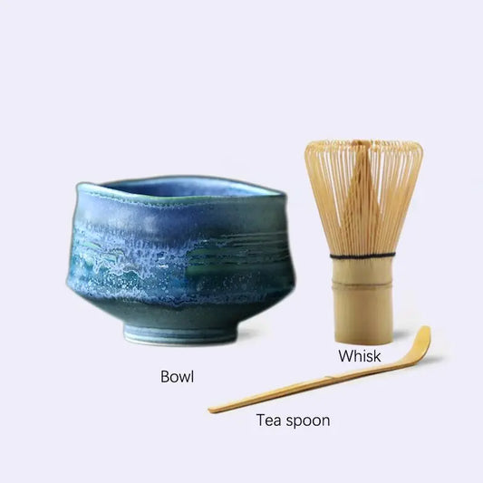 Blue Ceramic Matcha Bowl Set with Spout,Bamboo Whisk and Chasen Holder,matcha tea kit,matcha set,Organic mixing bowl ,400ml serving bowl
