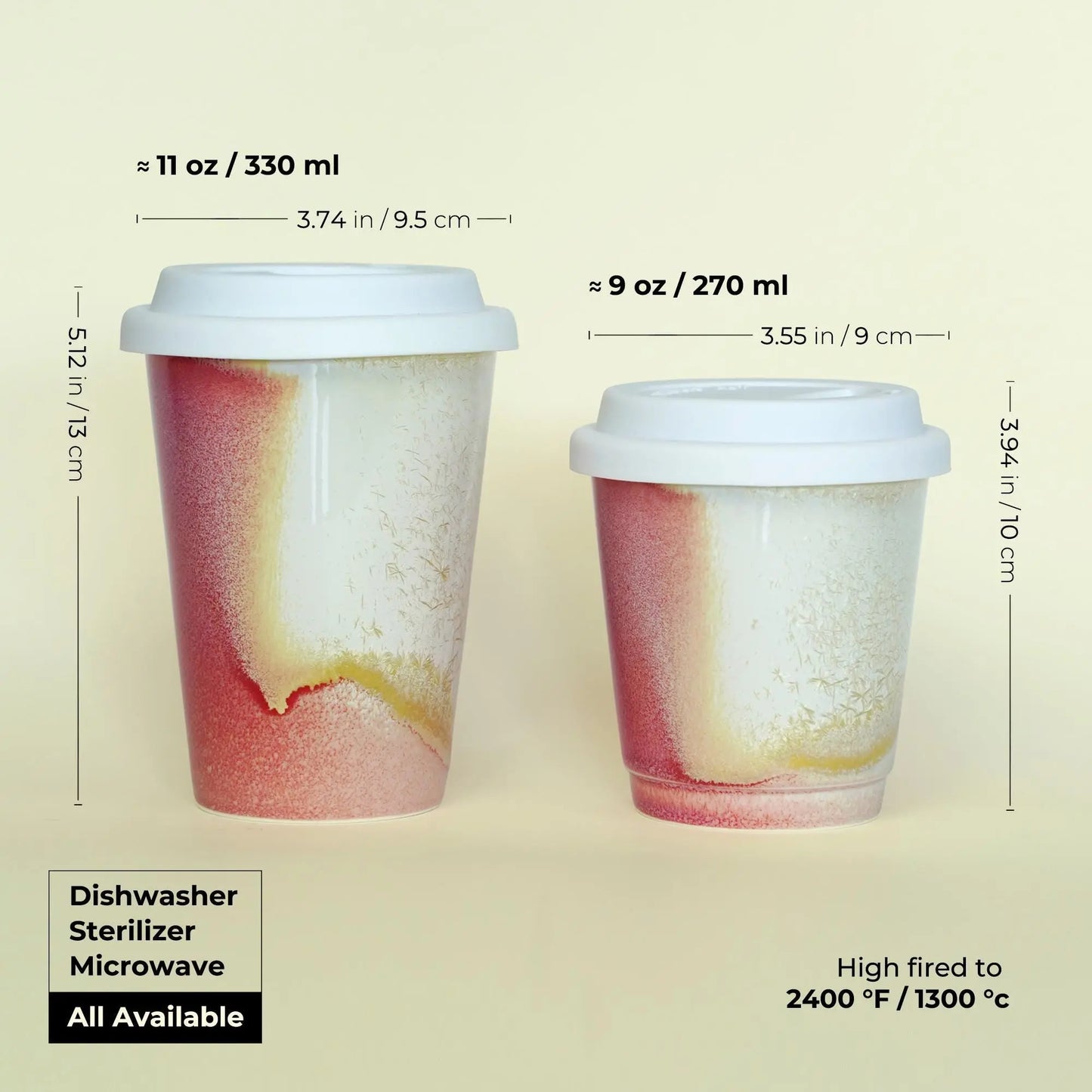 9oz and 11oz ceramic travel mugs size comparison - Choose ideal capacity for short trips or long drives. All with silicone lids