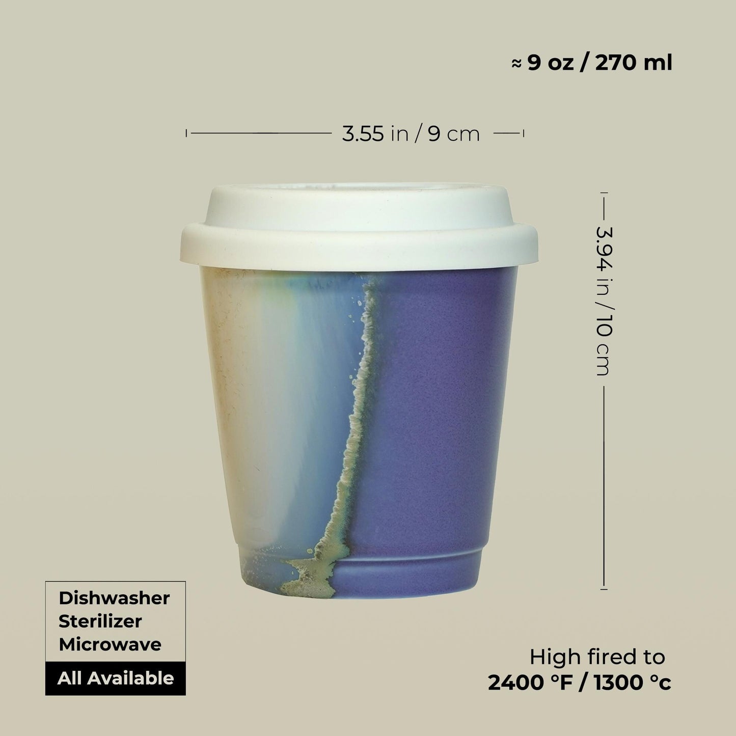 9oz purple reusable mug with white silicone seal - Perfect single-serve size for lattes. Leed-free ceramic, dishwasher safe.