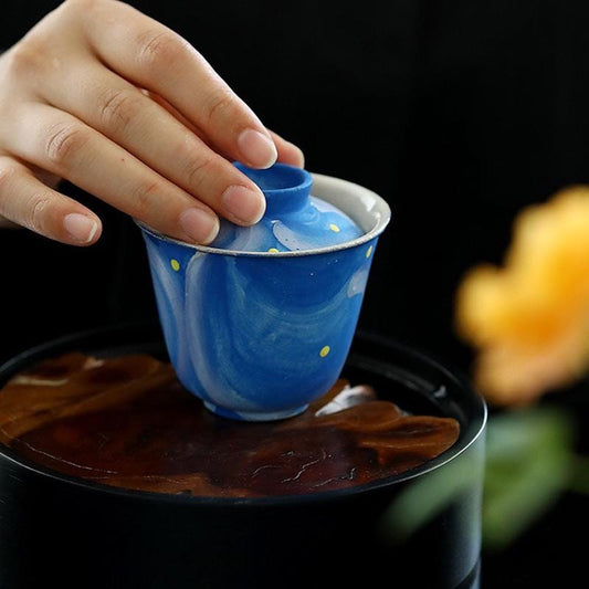 Van Gogh Hand-painted teawares,pottery Gaiwan,Ceramics Gaiwan Teacup,Ceramic Tea Cup with Lid for kongfu Tea,Tea Drinker Gifts,Blue teawares