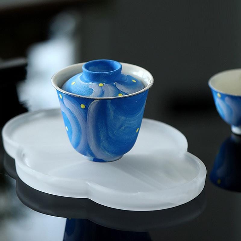 Van Gogh Hand-painted teawares,pottery Gaiwan,Ceramics Gaiwan Teacup,Ceramic Tea Cup with Lid for kongfu Tea,Tea Drinker Gifts,Blue teawares
