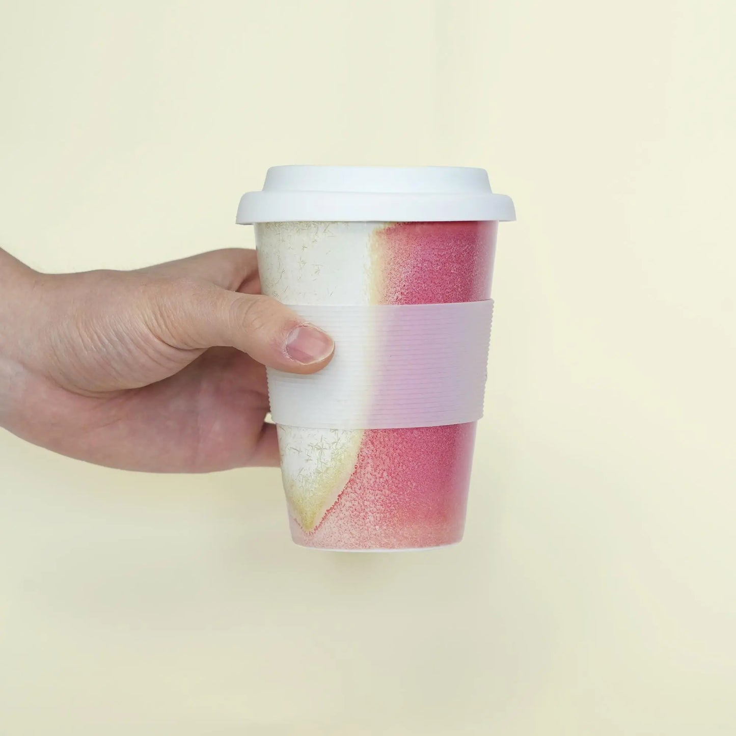 Jumbo 9oz Ruby red travel mug with white lid and sleeve- Max capacity for morning coffee refills.g,To Go Mug,take away coffee mug