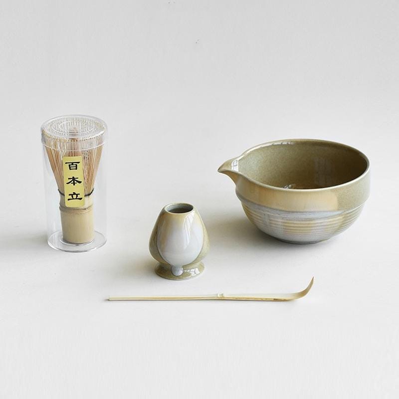 Green Ceramic Matcha Bowl Set with Spout,Bamboo Whisk and Chasen Holder,matcha tea kit,matcha set,mixing bowl,Green Matcha Whisk Set 400ml