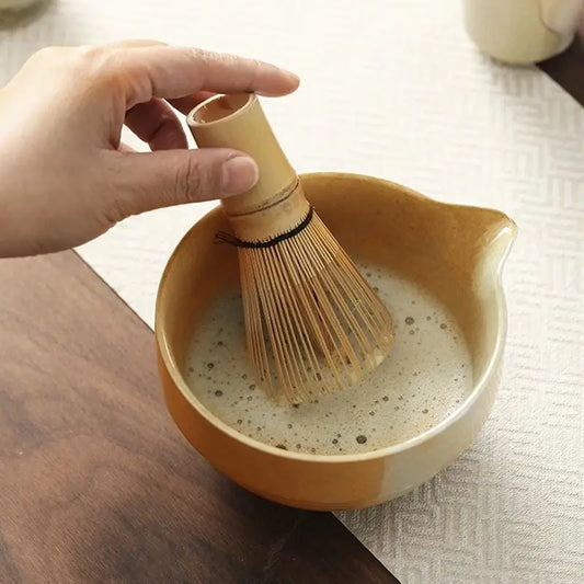 Traditional Matcha Making with Asian Tea Set - Whisking Green Tea in Ceramic Pouring Bowl