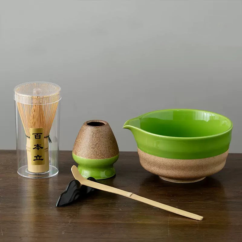White&Green Pottery Matcha Bowl Set with Spout,Bamboo Whisk
