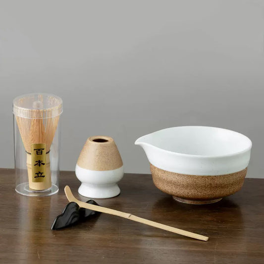 White&Green Pottery Matcha Bowl Set with Spout,Bamboo Whisk