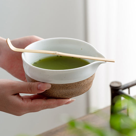 White&Green Pottery Matcha Bowl Set with Spout,Bamboo Whisk