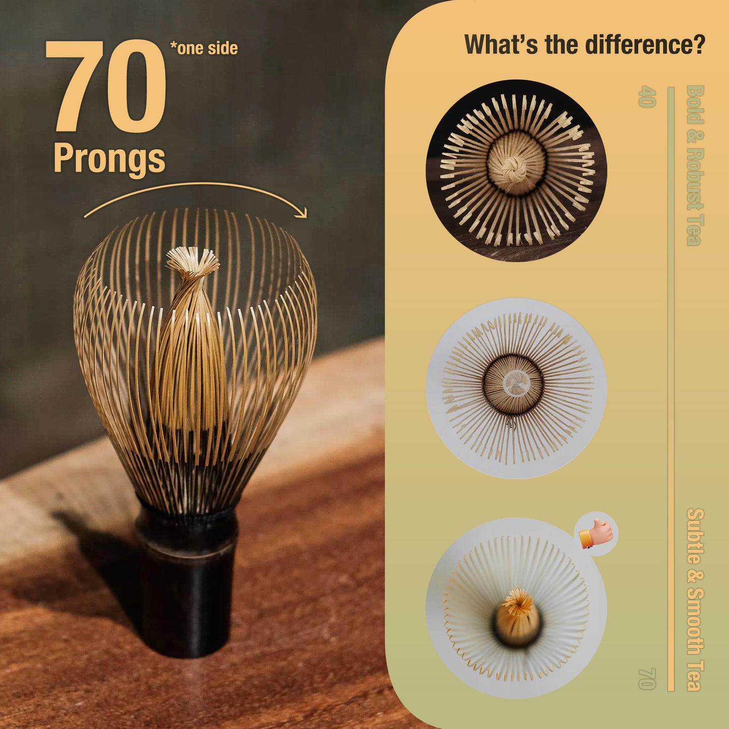 Tea whisk with 70 prongs on a wooden surface, the upgrade of the matcha whisk