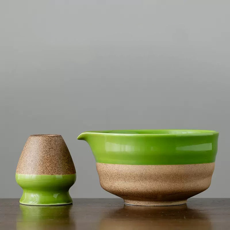 White&Green Pottery Matcha Bowl Set with Spout,Bamboo Whisk