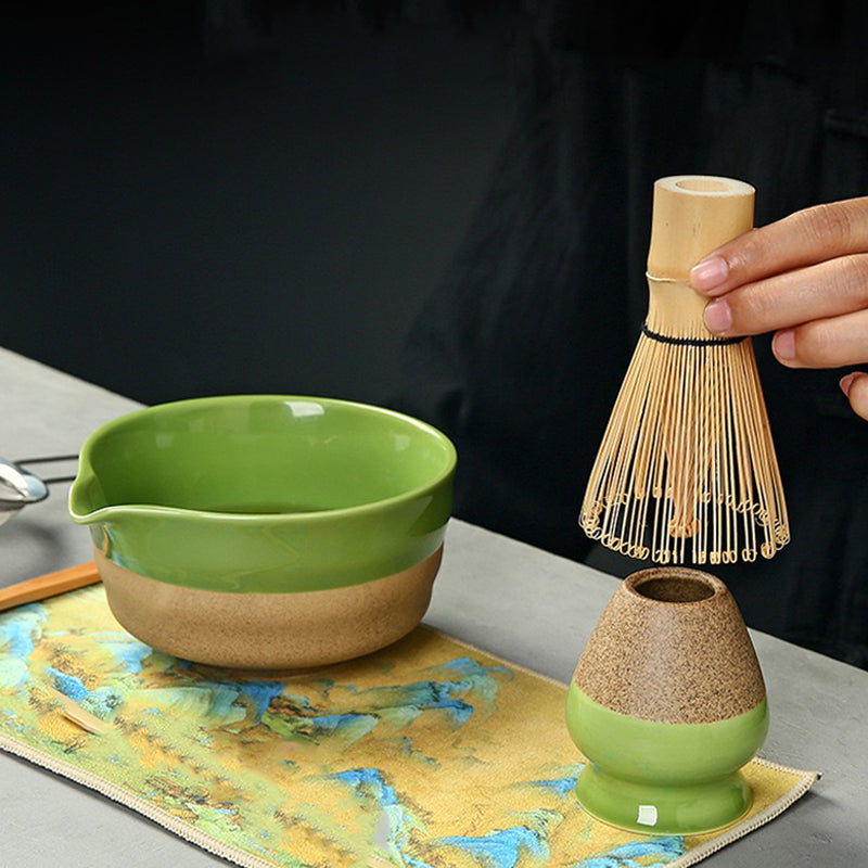 White&Green Pottery Matcha Bowl Set with Spout,Bamboo Whisk