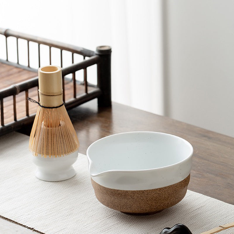 White&Green Pottery Matcha Bowl Set with Spout,Bamboo Whisk