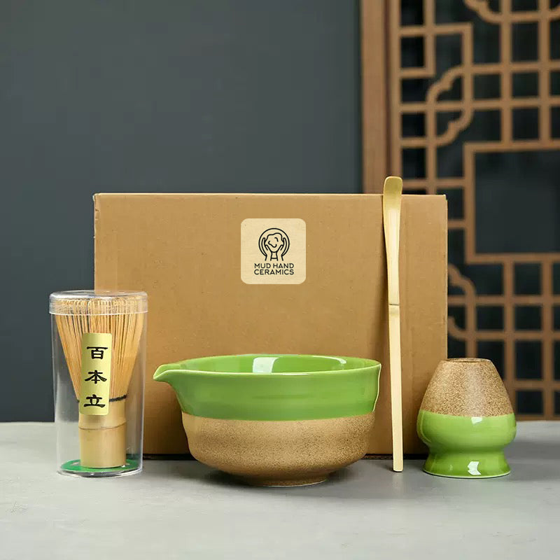 White&Green Pottery Matcha Bowl Set with Spout,Bamboo Whisk