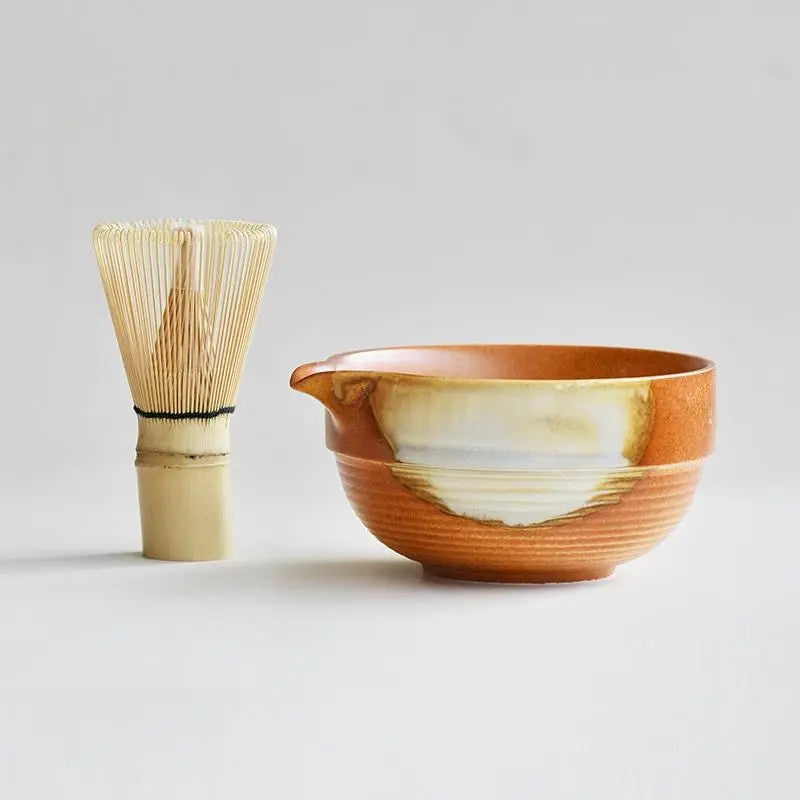 Caramel Glazed Chawan Pouring Bowl - Ceramic Matcha Bowl with bamboo Whisk
