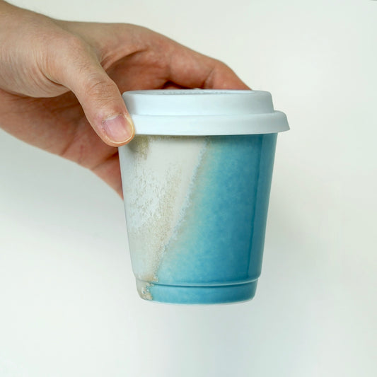 Sky Blue ceramic travel mug with white silicone lid - Leed-free food safe reusable to-go cup for coffee