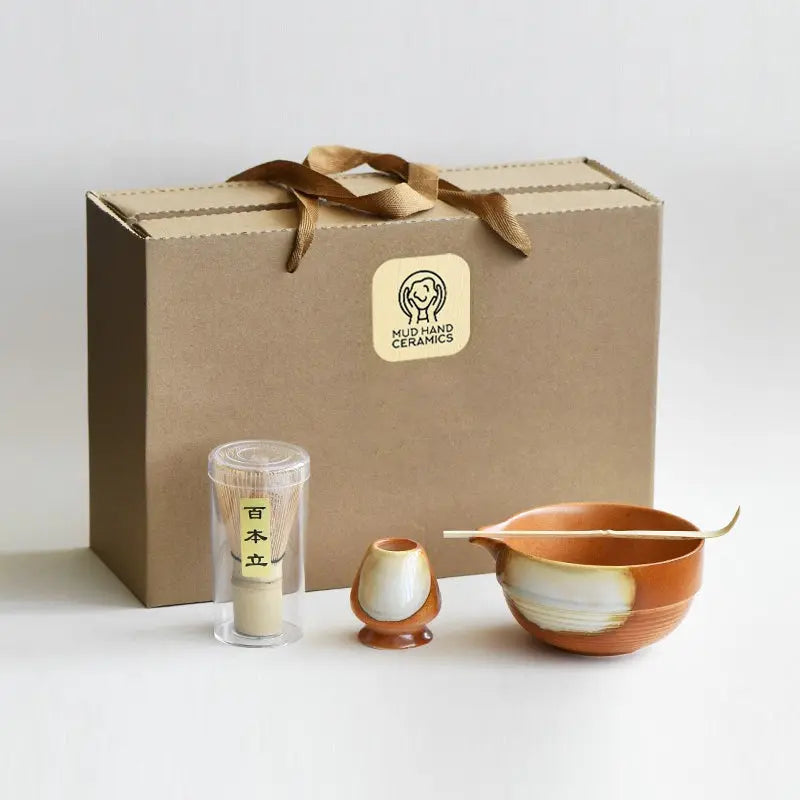 gift box, Artisan camarel Glazed Matcha Bowl Set with Bamboo Whisk - Complete Japanese Tea Ceremony Collection