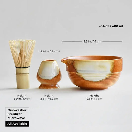 Artisan caramel Glazed Matcha Bowl Set with Bamboo Whisk - Complete Japanese Tea maker Collection