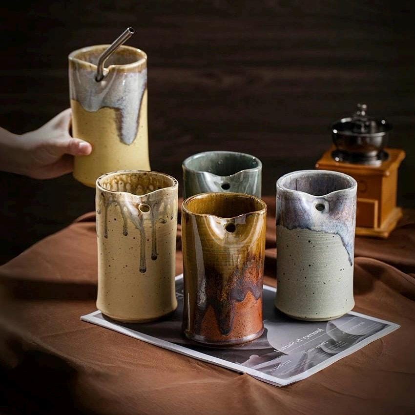 Pottery travel mug,To Go Cup,18oz Ceramic Cup With Straw,ceramic cup, iced Coffee Cocktail Cup,Large pottery Cup,Lidless Sippy travel Cup