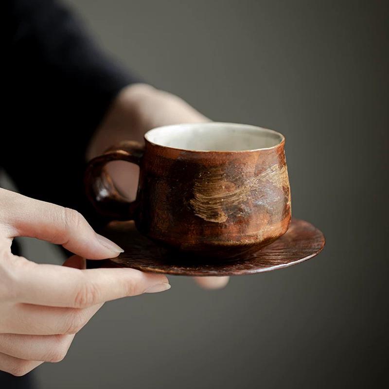 Ceramic Mug with Saucer,Make-up clay mug set,tea cup with saucer, expresso mug set ,5oz Latte Mug set,Mug with handle,Coffee Lover Gift
