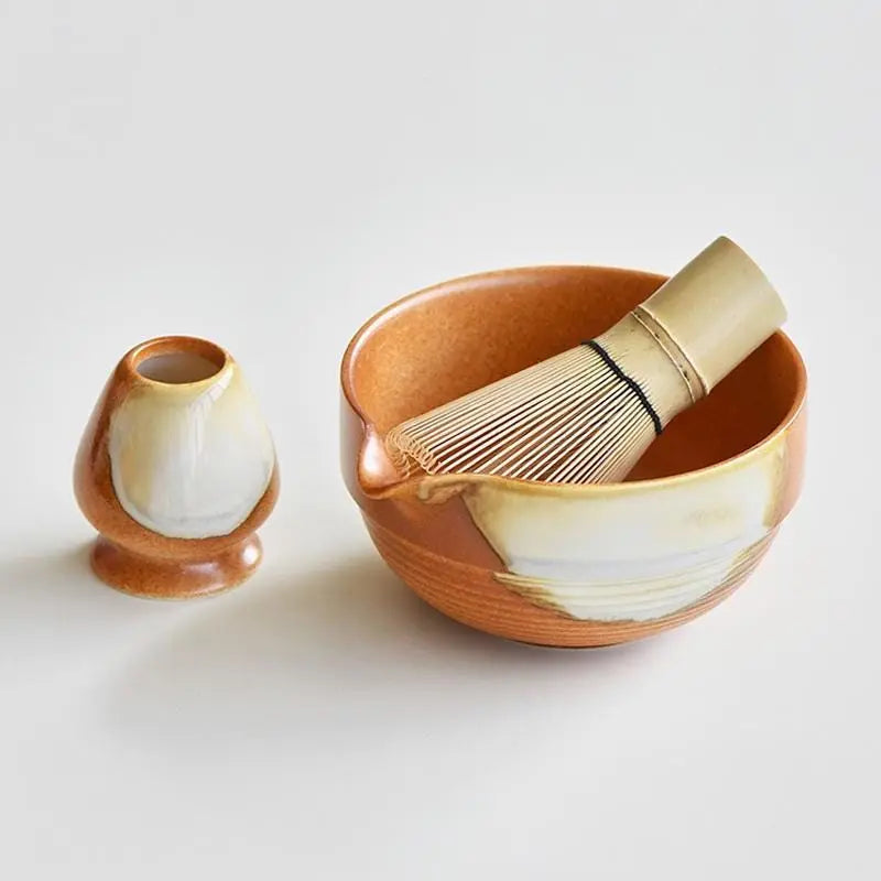 Caramel Ceramic Matcha Bowl Set with Spout,Bamboo Whisk and Chasen Holder,matcha tea kit,matcha set,mixing bowl,Green Matcha Whisk Set 400ml