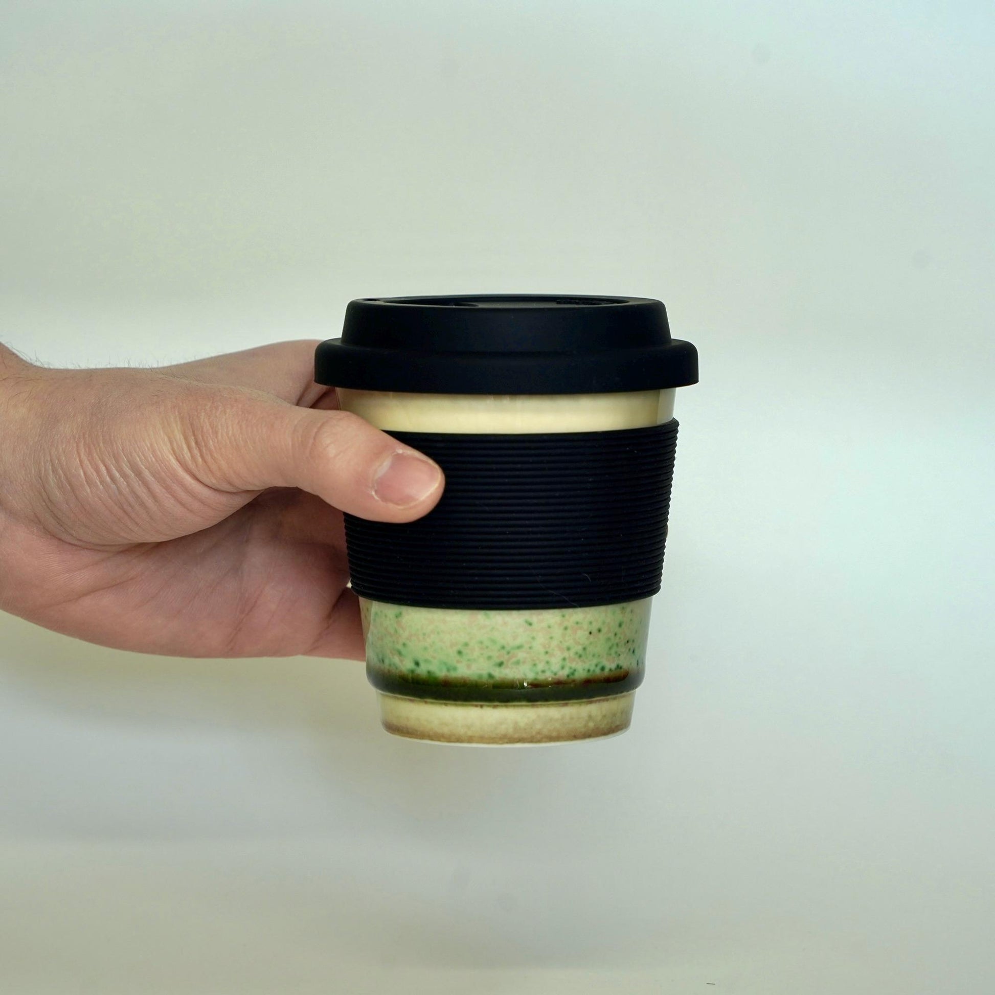 Kiln Change Ceramic Travel Mug With Silicone Lid,Green Meadow Travel Mug,pottery travel mug,Reusable Pottery To Go Coffee Mug,take away mug