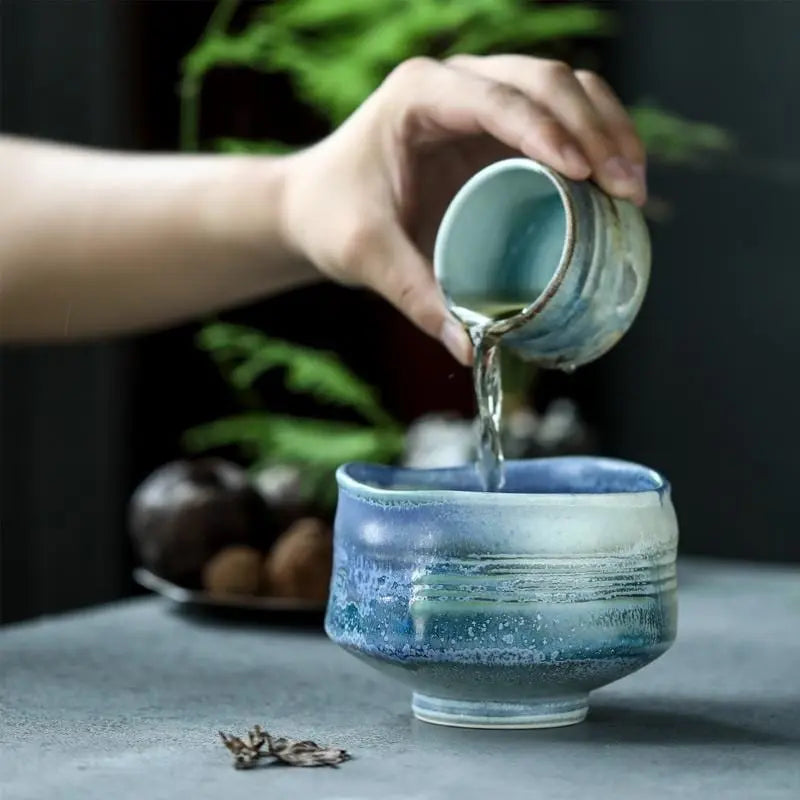 Blue Ceramic Matcha Bowl Set with Spout,Bamboo Whisk and Chasen Holder,matcha tea kit,matcha set,Organic mixing bowl ,400ml serving bowl