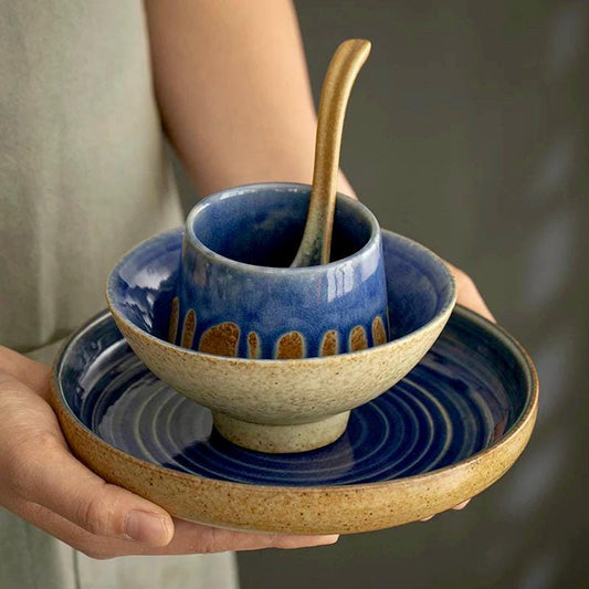 Dish Set of Four Dinnerware,Minimalist dish set,Ceramic Ramen Bowl,Plate,Cup, Single dish set, ceramic pottery,dinner set,handmade tableware