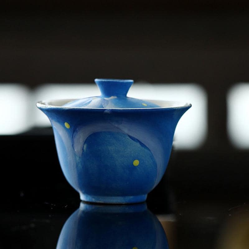 Van Gogh Hand-painted teawares,pottery Gaiwan,Ceramics Gaiwan Teacup,Ceramic Tea Cup with Lid for kongfu Tea,Tea Drinker Gifts,Blue teawares