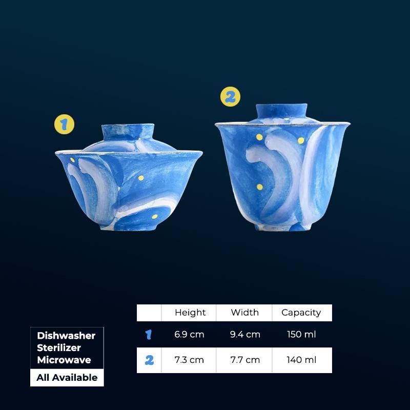 Van Gogh Hand-painted teawares,pottery Gaiwan,Ceramics Gaiwan Teacup,Ceramic Tea Cup with Lid for kongfu Tea,Tea Drinker Gifts,Blue teawares