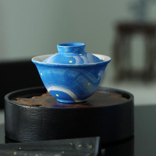 Van Gogh Hand-painted teawares,pottery Gaiwan,Ceramics Gaiwan Teacup,Ceramic Tea Cup with Lid for kongfu Tea,Tea Drinker Gifts,Blue teawares