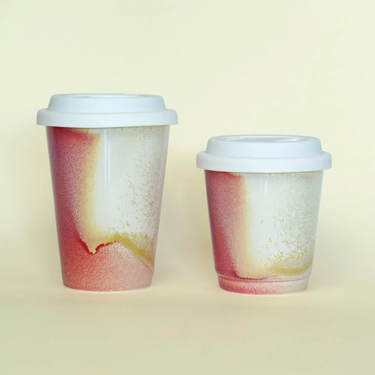 9oz and 11oz ceramic travel mugs side by side - Choose ideal capacity for short trips or long drives. All with silicone lids