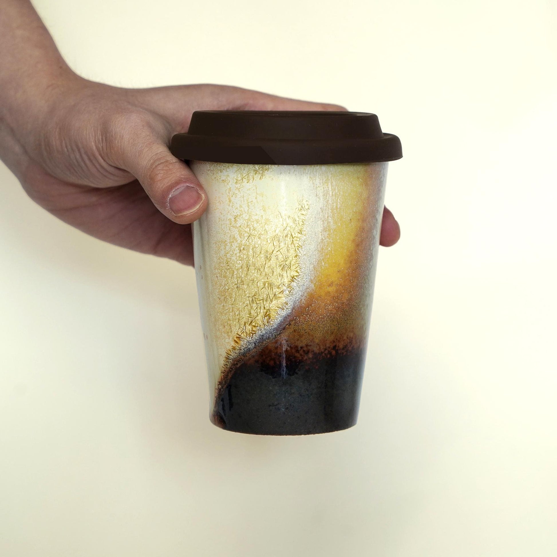 11oz Chocolate Brown coffee mug with matching lid - Jumbo size fits all beverages. Food safe ceramic with car holder base