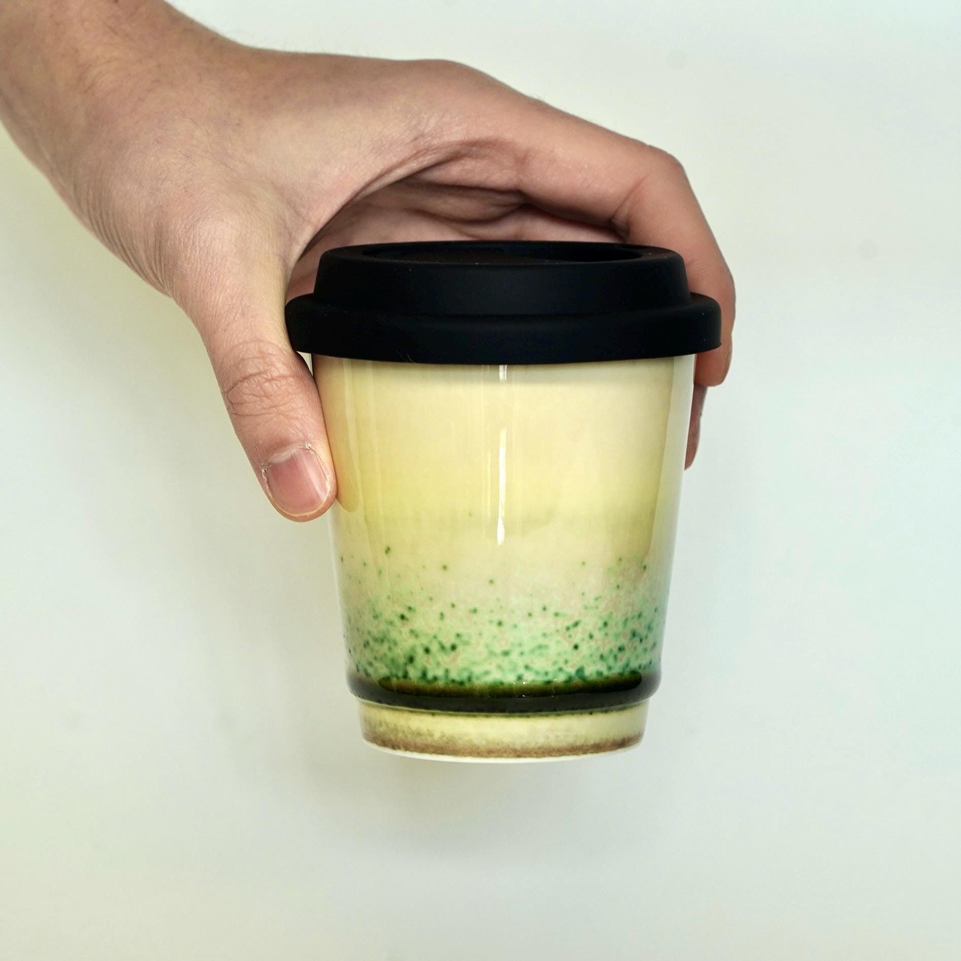 Kiln Change Ceramic Travel Mug With Silicone Lid,Green Meadow Travel Mug,pottery travel mug,Reusable Pottery To Go Coffee Mug,take away mug