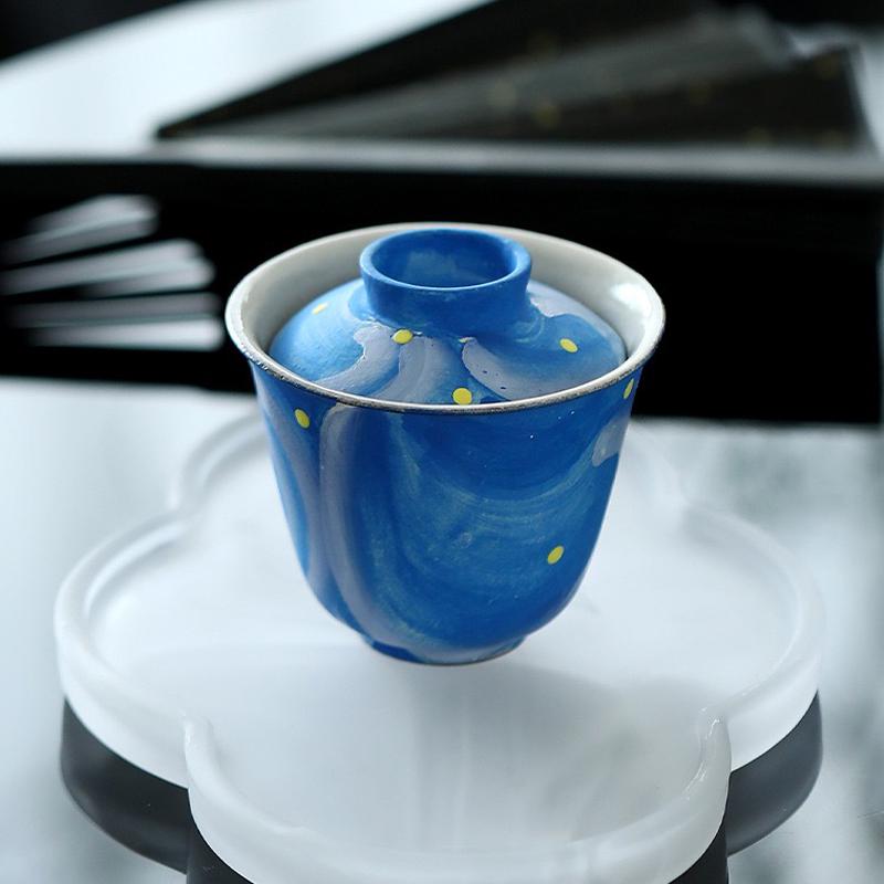 Van Gogh Hand-painted teawares,pottery Gaiwan,Ceramics Gaiwan Teacup,Ceramic Tea Cup with Lid for kongfu Tea,Tea Drinker Gifts,Blue teawares
