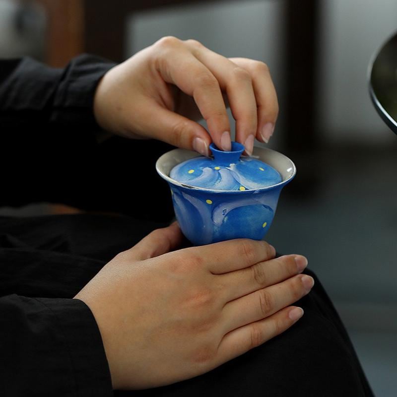 Van Gogh Hand-painted teawares,pottery Gaiwan,Ceramics Gaiwan Teacup,Ceramic Tea Cup with Lid for kongfu Tea,Tea Drinker Gifts,Blue teawares