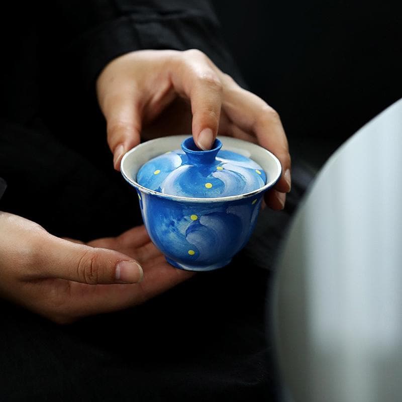 Van Gogh Hand-painted teawares,pottery Gaiwan,Ceramics Gaiwan Teacup,Ceramic Tea Cup with Lid for kongfu Tea,Tea Drinker Gifts,Blue teawares