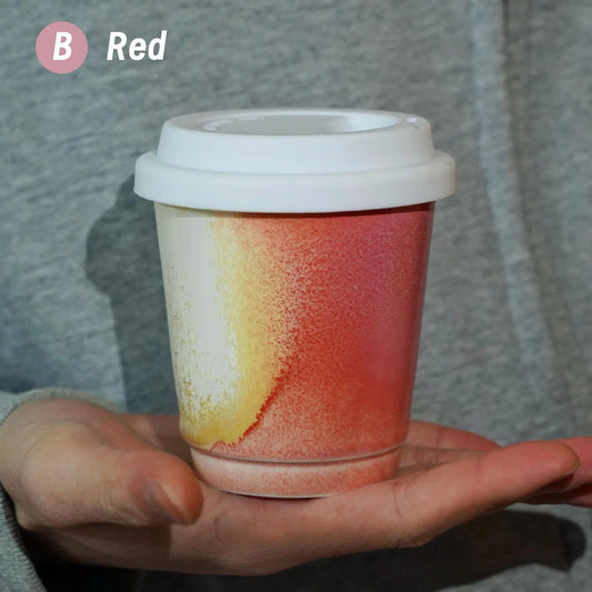 Petite 9oz Ruby red ceramic cup with white lid - Slim design for petite hands, fits small purses