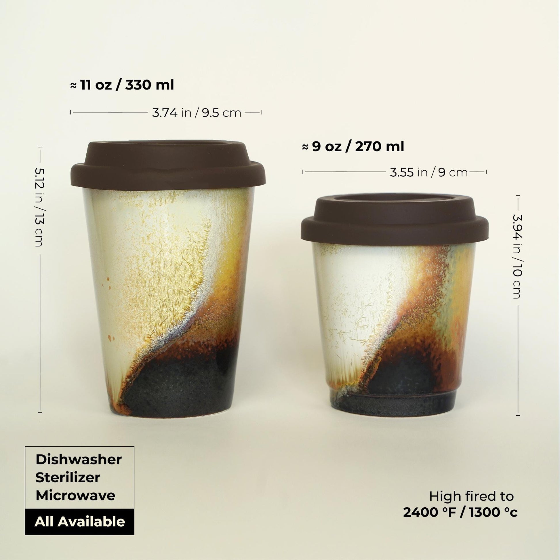 9oz and 11oz chocolate ceramic travel mugs side by side - Choose ideal capacity for short trips or long drives. All with silicone lids